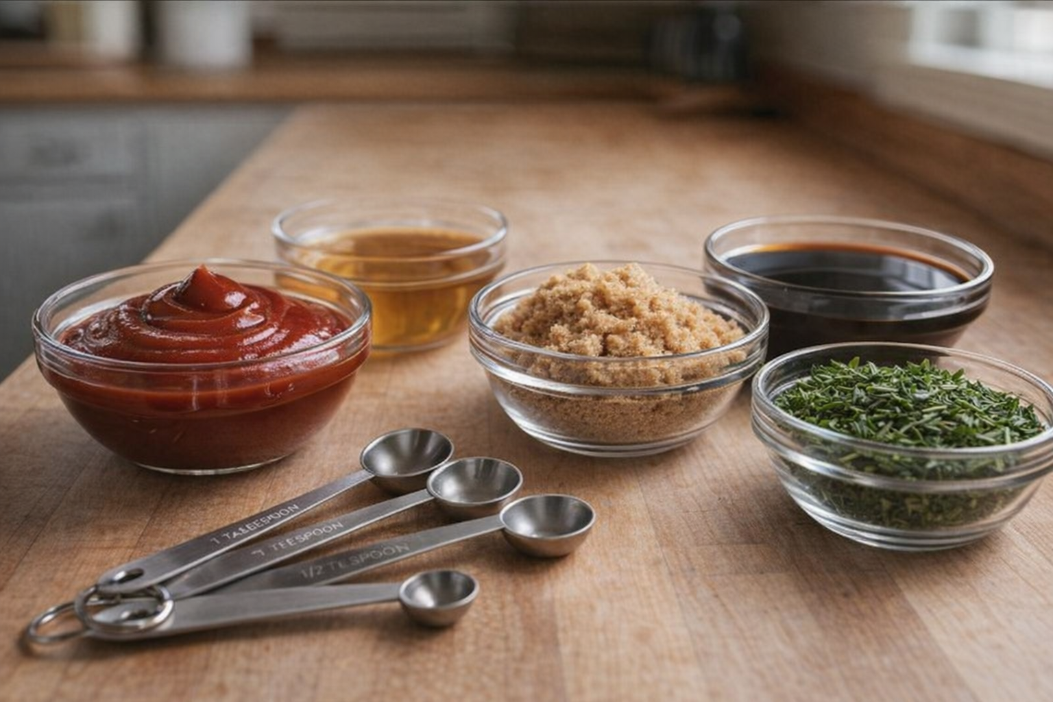 A close-up shot of various glaze ingredients in glass bowls: ketchup, honey, brown sugar, balsamic vinegar, chopped herbs, with measuring spoons nearby, natural light